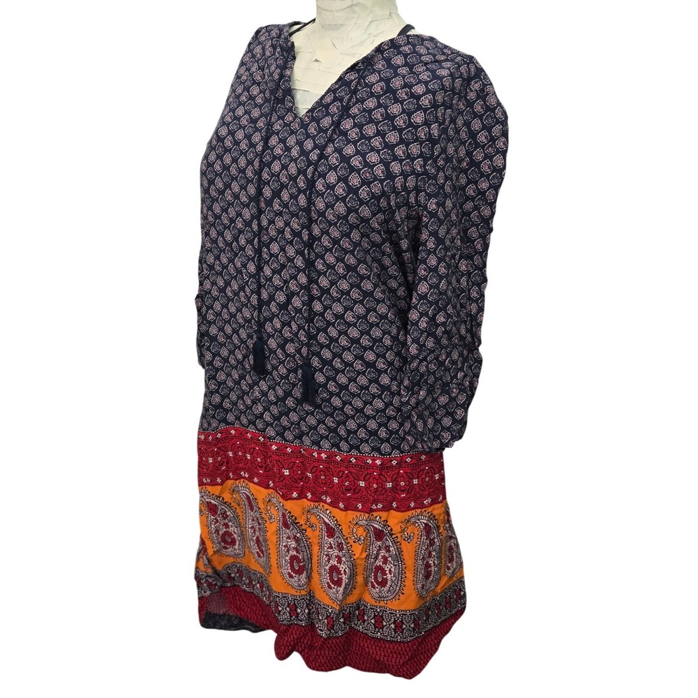 beachlunchlounge Tunic Dress Womens XS Navy Blue Orange Paisley‎ Boho Tie Neck